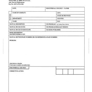 Może przedstawiać: Biały dokument zatytułowany &bdquo;PROPOZYCJA REWIZJI PODRĘCZNIKA LUB CSS&rdquo; z polami tekstowymi na informacje o firmie, opis podręcznika i działania naprawcze. Dokument zawiera logo i dane kontaktowe Komatsu America Corp.