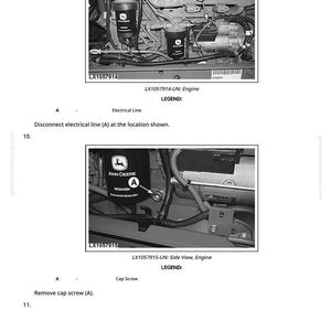 May include: Black and white engine diagram with text and labels. The image shows engine components, including a filter and electrical lines. Text includes "LX1057914-UN: Engine" and "LX1057915-UN: Side View, Engine."