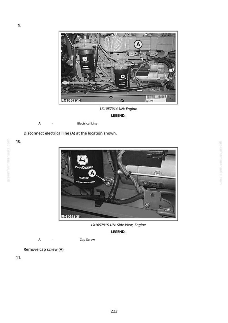 May include: Black and white engine diagram with text and labels. The image shows engine components, including a filter and electrical lines. Text includes "LX1057914-UN: Engine" and "LX1057915-UN: Side View, Engine."