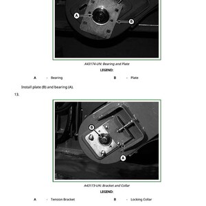 May include: Two grayscale images of mechanical components. The first image shows a bearing and plate assembly, labeled A and B, with the text "A43174-UN: Bearing and Plate". The second image shows a bracket and collar assembly, labeled A and B, with the text "A43173-UN: Bracket and Collar".