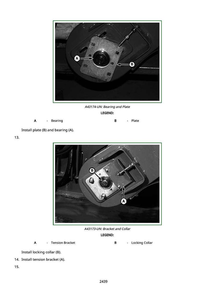 May include: Two grayscale images of mechanical components. The first image shows a bearing and plate assembly, labeled A and B, with the text "A43174-UN: Bearing and Plate". The second image shows a bracket and collar assembly, labeled A and B, with the text "A43173-UN: Bracket and Collar".
