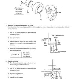 May include: Diagram of a drive wheel assembly with labels for rim, tire, and transfer case. Instructions include adjusting ground clearance and replacing the tire, with measurements in inches and foot-pounds.