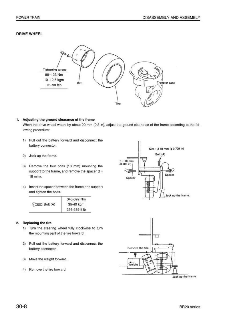 May include: Diagram of a drive wheel assembly with labels for rim, tire, and transfer case. Instructions include adjusting ground clearance and replacing the tire, with measurements in inches and foot-pounds.
