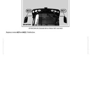 Puede incluir: Diagrama de la parte delantera de un veh&iacute;culo con el texto "Outside Mirror Motor M21 and M22". La imagen muestra la ubicaci&oacute;n de los motores M21 y M22. Tambi&eacute;n se incluye el texto "Replace motor M21 and M22, if defective".
