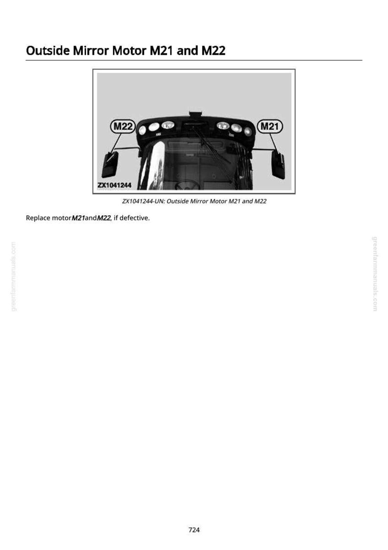 Puede incluir: Diagrama de la parte delantera de un veh&iacute;culo con el texto "Outside Mirror Motor M21 and M22". La imagen muestra la ubicaci&oacute;n de los motores M21 y M22. Tambi&eacute;n se incluye el texto "Replace motor M21 and M22, if defective".