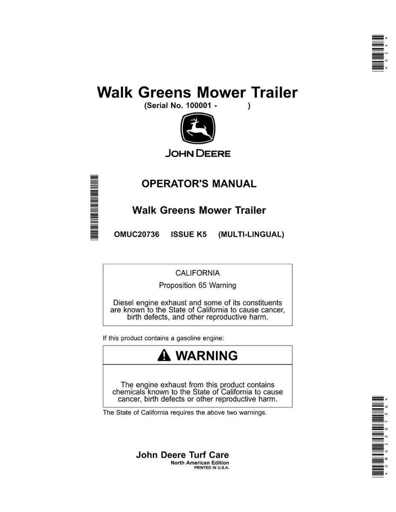 Puede incluir: Un documento blanco impreso titulado "Walk Greens Mower Trailer" con el logotipo de John Deere. El documento es un manual del operador, que incluye una advertencia de la Proposici&oacute;n 65 de California sobre los gases de escape de los motores di&eacute;sel y las advertencias sobre los motores de gasolina.