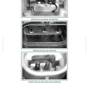 May include: Close-up images of electrical connectors with varying conditions. The top image shows a 2-pin female connector with corroded pins. The middle image displays a 3-pin male connector with worn pins. The bottom image shows a 2-pin male connector with worn and corroded pins.