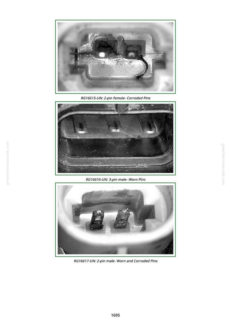 May include: Close-up images of electrical connectors with varying conditions. The top image shows a 2-pin female connector with corroded pins. The middle image displays a 3-pin male connector with worn pins. The bottom image shows a 2-pin male connector with worn and corroded pins.