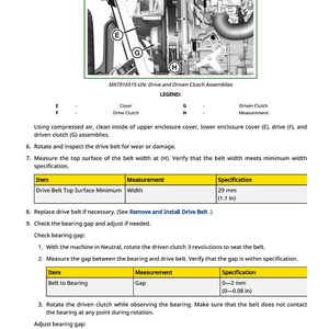 May include: Diagram of drive and driven clutch assemblies with measurements. Includes a legend with labels for cover, drive clutch, and measurement points. The text specifies measurements in inches and millimeters.