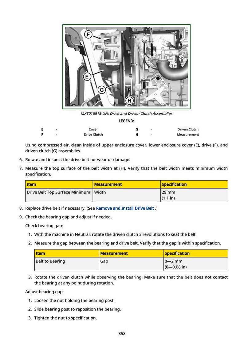May include: Diagram of drive and driven clutch assemblies with measurements. Includes a legend with labels for cover, drive clutch, and measurement points. The text specifies measurements in inches and millimeters.