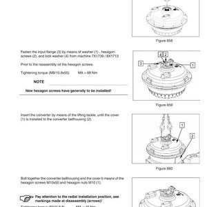 Pu&ograve; includere: Diagramma tecnico da un manuale d'officina che mostra le fasi di assemblaggio della trasmissione. Include illustrazioni di componenti come flange, viti e rondelle, con specifiche di coppia in Nm. Sono presenti anche istruzioni testuali e numeri di figura.