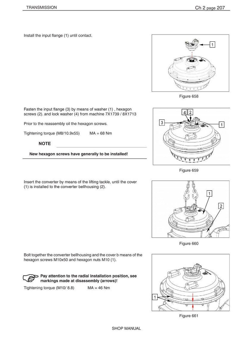 Pu&ograve; includere: Diagramma tecnico da un manuale d'officina che mostra le fasi di assemblaggio della trasmissione. Include illustrazioni di componenti come flange, viti e rondelle, con specifiche di coppia in Nm. Sono presenti anche istruzioni testuali e numeri di figura.