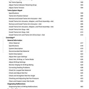 Op de afbeelding: Een witte pagina met een gedetailleerde inhoudsopgave, met een lijst met technische termen en procedures met betrekking tot machineonderhoud en -reparatie. De tekst bevat termen als "Twine Arm", "Actuator" en "Net Pan".