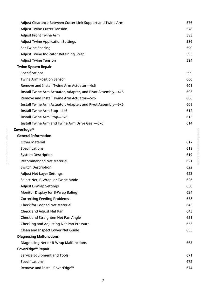Op de afbeelding: Een witte pagina met een gedetailleerde inhoudsopgave, met een lijst met technische termen en procedures met betrekking tot machineonderhoud en -reparatie. De tekst bevat termen als "Twine Arm", "Actuator" en "Net Pan".