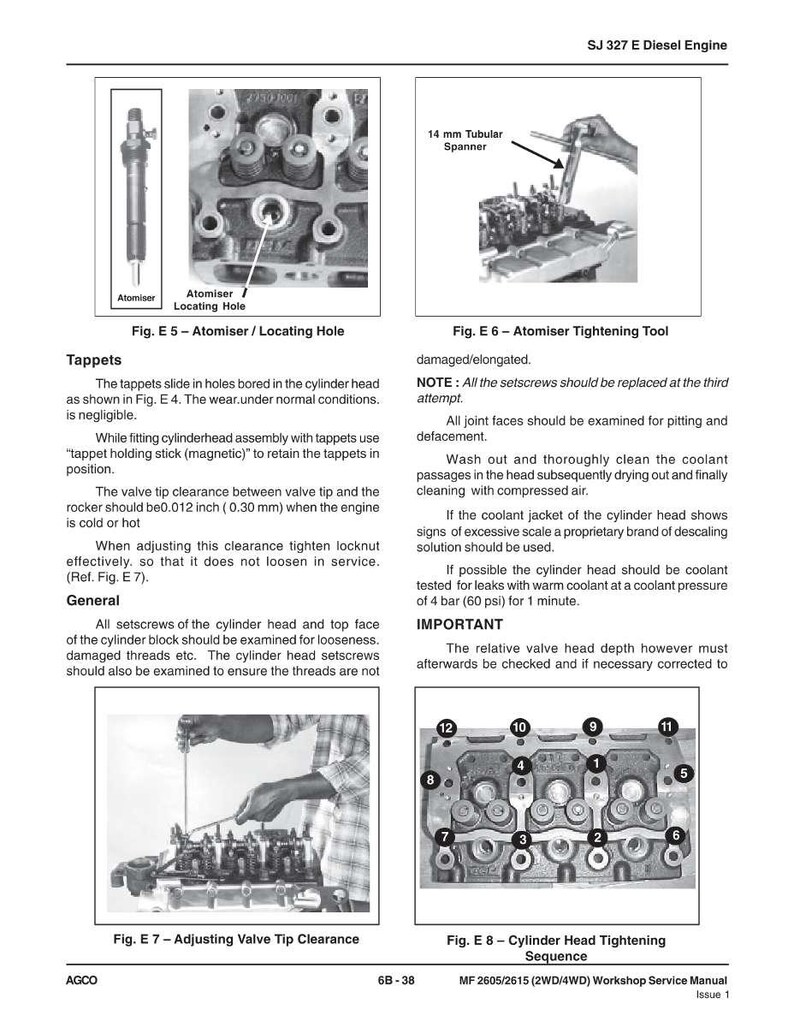 May include: Diagrams and instructions for the SJ 327 E Diesel Engine, including atomiser and locating hole details, tappet adjustments, and cylinder head tightening sequence. Includes measurements in inches and psi.