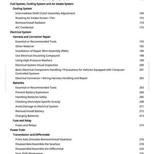 May include: A manual page showing a table of contents. Sections include Engine, Fuel System, Electrical System, Batteries, Fuse and Relay, and Power Train. Page numbers are listed on the right-hand side.
