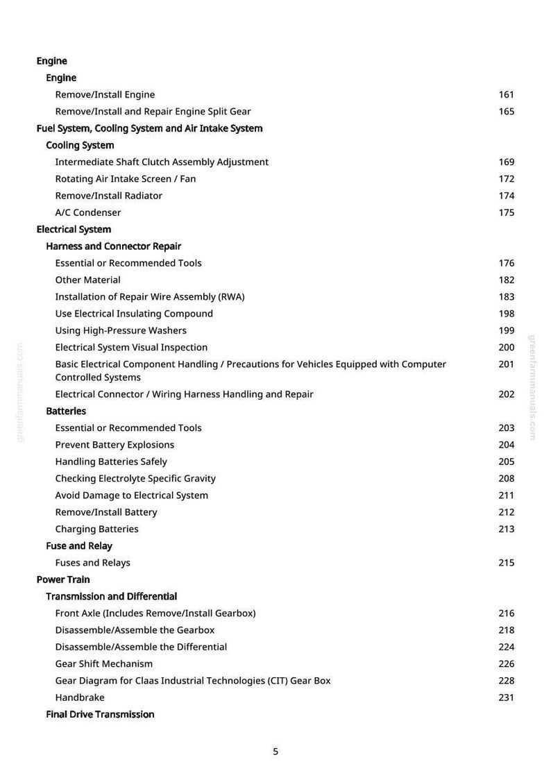 May include: A manual page showing a table of contents. Sections include Engine, Fuel System, Electrical System, Batteries, Fuse and Relay, and Power Train. Page numbers are listed on the right-hand side.