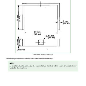 May include: Diagram of a special wrench, with dimensions in inches. The wrench is 3.5 inches wide, 2.7 inches tall, and 0.2 inches thick. The text "Special Wrench" is at the top.