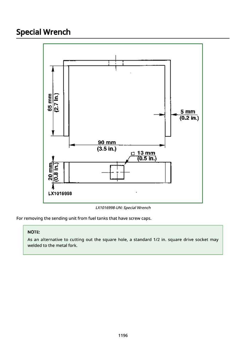 May include: Diagram of a special wrench, with dimensions in inches. The wrench is 3.5 inches wide, 2.7 inches tall, and 0.2 inches thick. The text "Special Wrench" is at the top.
