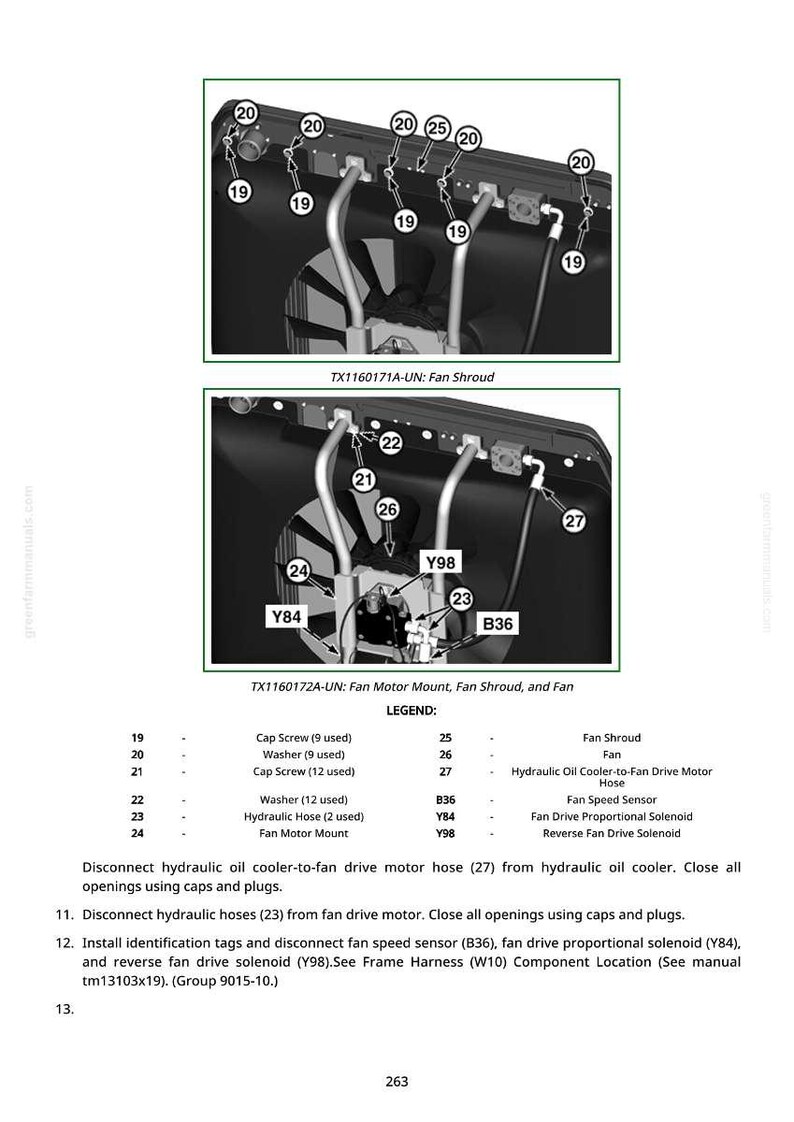 May include: Diagram of a fan shroud and fan motor mount with labeled parts. Includes cap screws, washers, hydraulic hoses, and a fan speed sensor. Text labels identify components for maintenance and repair.