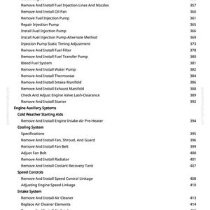 May include: A manual page with a table of contents for automotive service procedures. It includes instructions for removing and installing engine parts, cooling system maintenance, and speed control adjustments.
