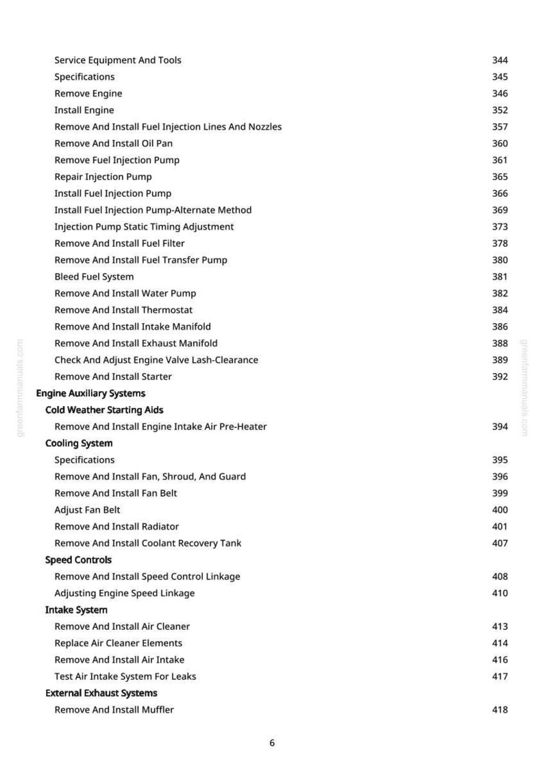 May include: A manual page with a table of contents for automotive service procedures. It includes instructions for removing and installing engine parts, cooling system maintenance, and speed control adjustments.