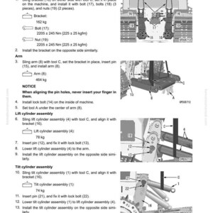 May include: Diagram of the disassembly and assembly of a variable multi-shank ripper assembly. Includes diagrams of brackets, bolts, nuts, arms, and lift and tilt cylinder assemblies. Text includes measurements in kg and Nm.