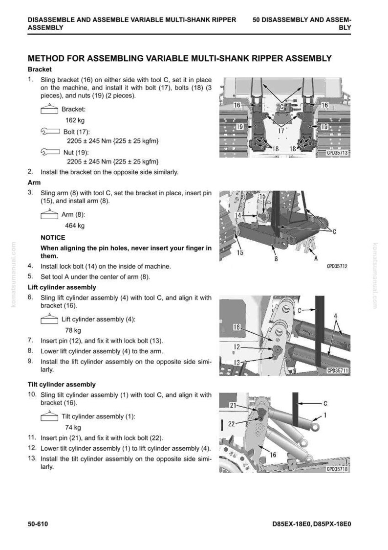 May include: Diagram of the disassembly and assembly of a variable multi-shank ripper assembly. Includes diagrams of brackets, bolts, nuts, arms, and lift and tilt cylinder assemblies. Text includes measurements in kg and Nm.
