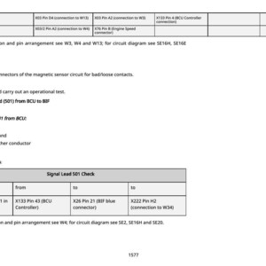 May include: A technical diagram with tables and text detailing electrical circuit checks. The diagram includes connector locations, pin arrangements, and instructions for checking output leads. The text includes the words "Result: OK" and "NOT OK".