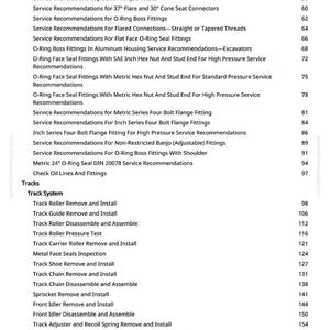 May include: A white page with a detailed table of contents from a manual. The headings include "Torque Values" and "Tracks", with subheadings like "Track Roller Remove and Install". The page number is 3.