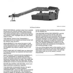May include: An illustration from a manual titled "Introduction" for the 830 Mower-Conditioner. The manual includes text about safety, operation, and maintenance, with measurements in both metric and U.S. units.