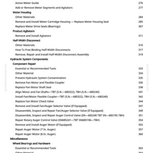 May include: A white-background page from a manual with a table of contents. The text lists various procedures and components, including meter assembly, hydraulic system components, and wheel bearings. Page number 6 is visible.