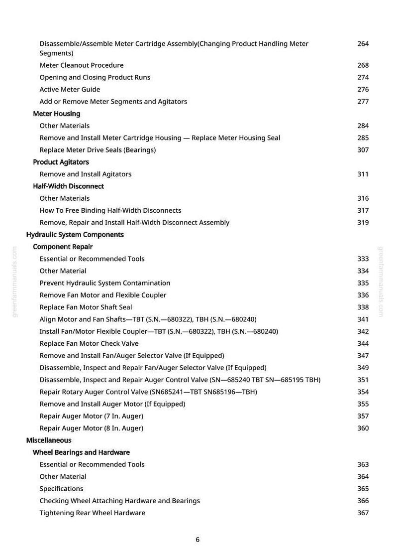 May include: A white-background page from a manual with a table of contents. The text lists various procedures and components, including meter assembly, hydraulic system components, and wheel bearings. Page number 6 is visible.