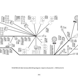 Puede incluir: Un diagrama de cableado detallado en blanco y negro, etiquetado con numerosos s&iacute;mbolos y conectores. El diagrama incluye texto que indica que es para un arn&eacute;s principal, exportado a Rusia, y es la p&aacute;gina 3 de 3. Tambi&eacute;n est&aacute; presente el n&uacute;mero 313.