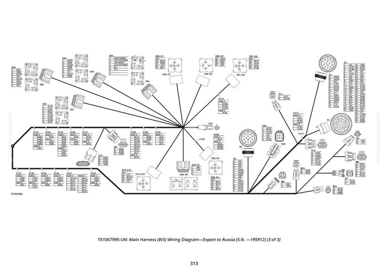 Puede incluir: Un diagrama de cableado detallado en blanco y negro, etiquetado con numerosos s&iacute;mbolos y conectores. El diagrama incluye texto que indica que es para un arn&eacute;s principal, exportado a Rusia, y es la p&aacute;gina 3 de 3. Tambi&eacute;n est&aacute; presente el n&uacute;mero 313.