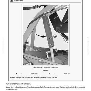 May include: Diagram of a John Deere agricultural machine component, with safety stops and a spring lock. The image includes the text "Adjust Cutterbar Hold-Down Clips" and "CAUTION:" with arrows pointing to specific parts.