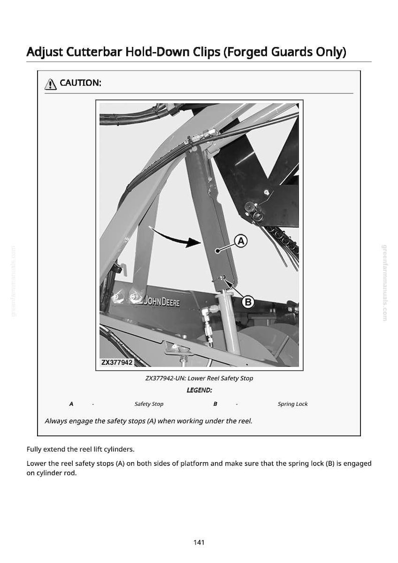 May include: Diagram of a John Deere agricultural machine component, with safety stops and a spring lock. The image includes the text "Adjust Cutterbar Hold-Down Clips" and "CAUTION:" with arrows pointing to specific parts.