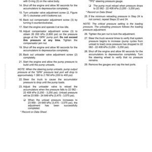 May include: A technical document with instructions for testing and adjusting a system, including steps for depressurizing accumulators and adjusting pressure. The document includes measurements in kPa and psi.