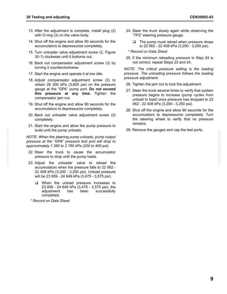 May include: A technical document with instructions for testing and adjusting a system, including steps for depressurizing accumulators and adjusting pressure. The document includes measurements in kPa and psi.