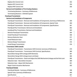 May include: A white page with a detailed table of contents for a manual. The text includes sections on VIN control units, transmission components, and shift controls. Page numbers are listed on the right side.