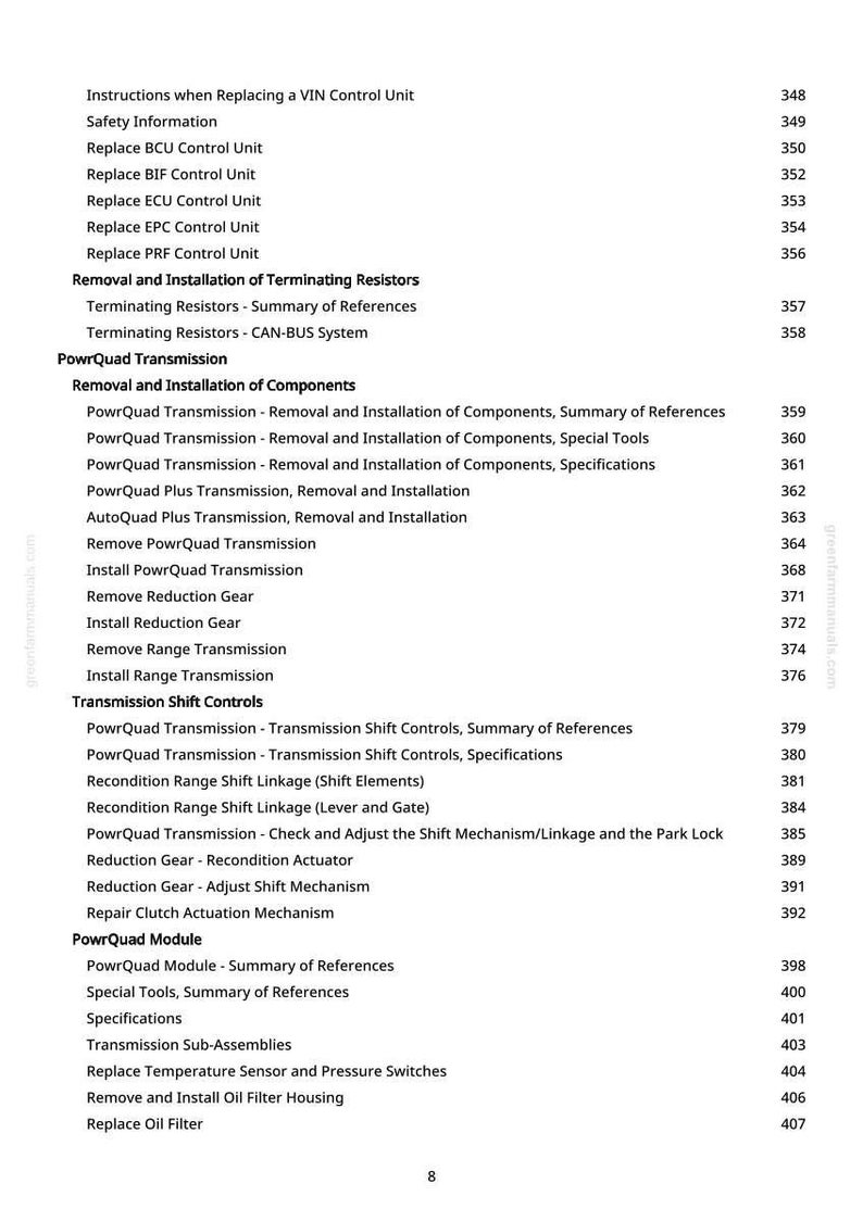 May include: A white page with a detailed table of contents for a manual. The text includes sections on VIN control units, transmission components, and shift controls. Page numbers are listed on the right side.
