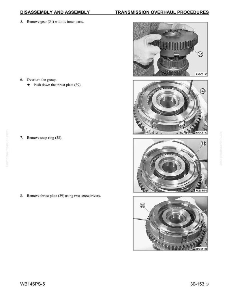 Puede incluir: Una p&aacute;gina de un manual que detalla los procedimientos de revisi&oacute;n de la transmisi&oacute;n. La imagen muestra instrucciones paso a paso con fotograf&iacute;as de engranajes y componentes internos. El texto incluye "DESMONTAJE Y MONTAJE" y "PROCEDIMIENTOS DE REVISI&Oacute;N DE LA TRANSMISI&Oacute;N".