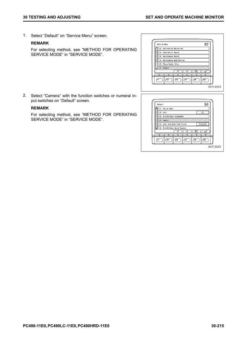 May include: A technical diagram with instructions for machine operation. The image includes screenshots of a control panel interface with various menu options. Text includes "Testing and Adjusting" and "Set and Operate Machine Monitor."