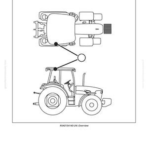 Peut inclure: Sch&eacute;ma en noir et blanc d'un tracteur, avec vues de c&ocirc;t&eacute; et de dessus. Le texte "RXA0154140-UN: Overview" est inclus. Le tracteur est repr&eacute;sent&eacute; avec des composants m&eacute;caniques d&eacute;taill&eacute;s.