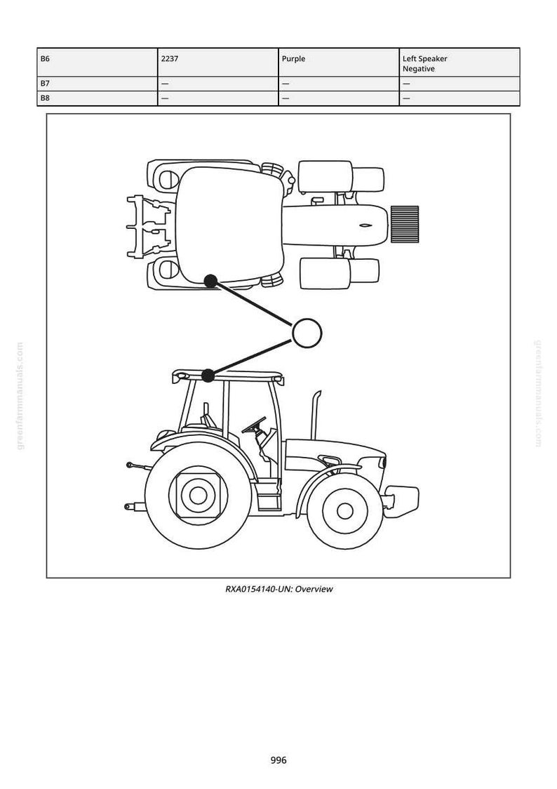 Peut inclure: Sch&eacute;ma en noir et blanc d'un tracteur, avec vues de c&ocirc;t&eacute; et de dessus. Le texte "RXA0154140-UN: Overview" est inclus. Le tracteur est repr&eacute;sent&eacute; avec des composants m&eacute;caniques d&eacute;taill&eacute;s.