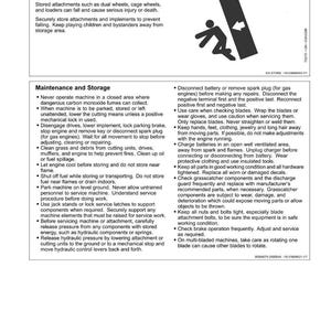 K&ouml;nnte beinhalten: Sicherheitsanweisungsseite mit Text zum sicheren Verstauen von Anbauteilen, Wartung und Lagerung von Maschinen. Enth&auml;lt Warnungen vor Kohlenmonoxid, Kraftstoff und beweglichen Teilen. Mit einer Grafik einer Person mit einem Pfeil.