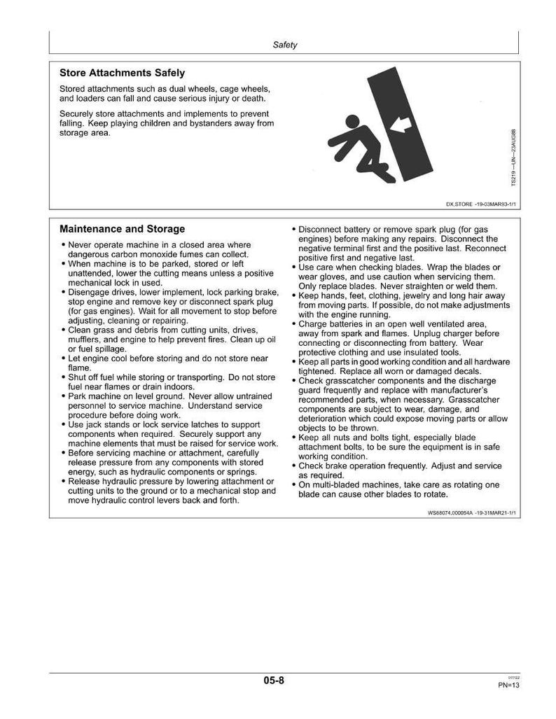 K&ouml;nnte beinhalten: Sicherheitsanweisungsseite mit Text zum sicheren Verstauen von Anbauteilen, Wartung und Lagerung von Maschinen. Enth&auml;lt Warnungen vor Kohlenmonoxid, Kraftstoff und beweglichen Teilen. Mit einer Grafik einer Person mit einem Pfeil.