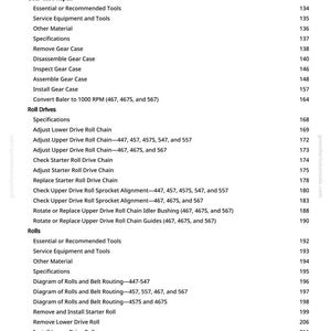 May include: A white page with a detailed table of contents for a manual. The text includes repair procedures for a baler, such as gear case repair, roll drives, and rolls. The page numbers are listed on the right.