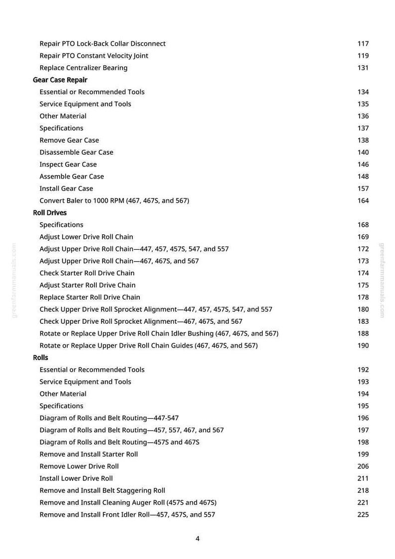 May include: A white page with a detailed table of contents for a manual. The text includes repair procedures for a baler, such as gear case repair, roll drives, and rolls. The page numbers are listed on the right.