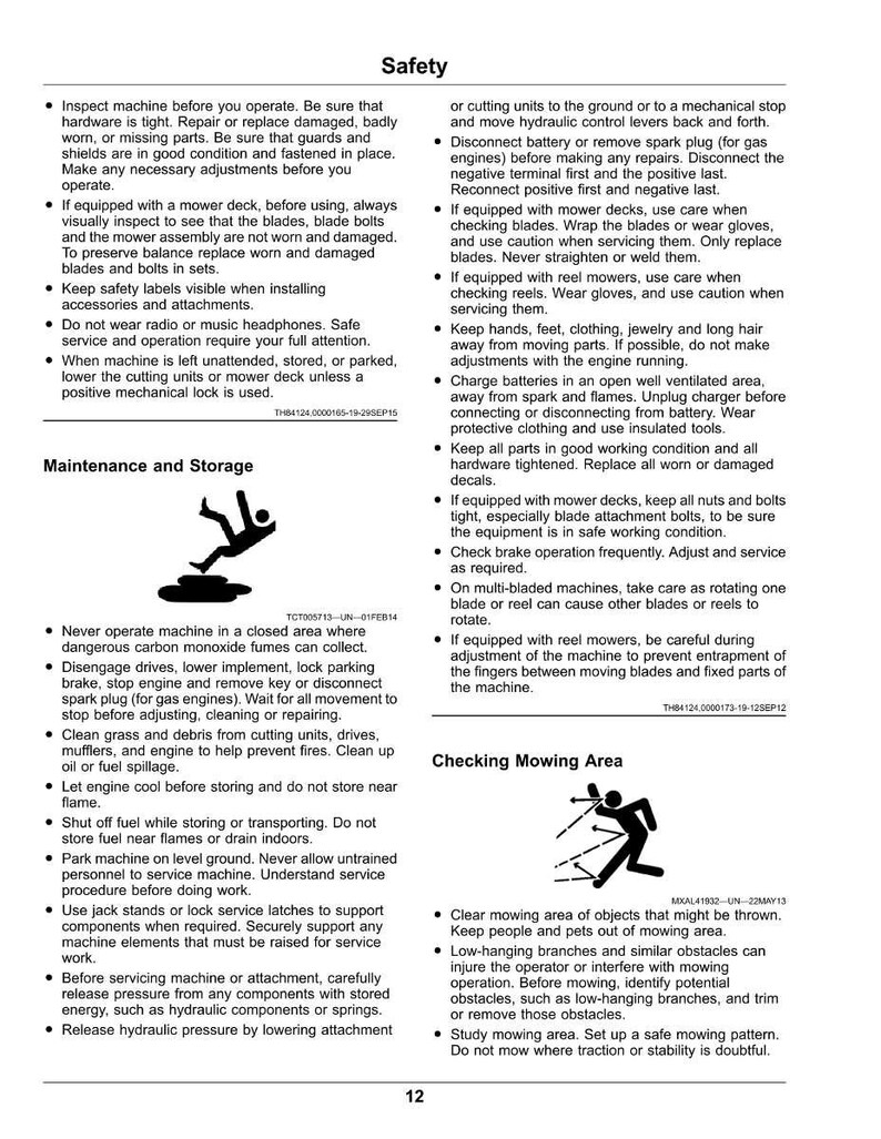 May include: Safety and maintenance instructions for a machine, including warnings about carbon monoxide, blade inspection, and safe operating procedures. Includes illustrations of a person and a machine.